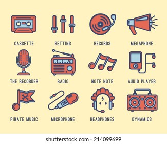 Set of icons on the theme of music. Radio, tape recorder, cassette, sound, bass,audio player,records, microphone.