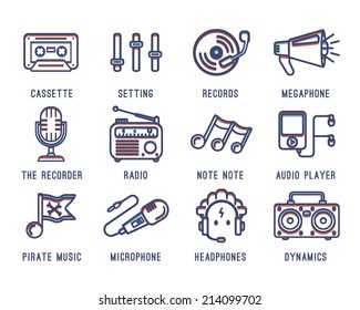 Set of icons on the theme of music. Radio, tape recorder, cassette, sound, bass,audio player,records, microphone.