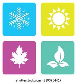 A set of icons on the theme of nature. Snowflake, sun, leaf, maple leaf.