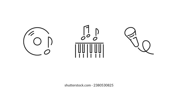 Set of icons on the theme of party. Karaoke. Simple icons isolated on a white background. Icons including: microphone, vinyl record, sheet music, piano. Vector illustration.