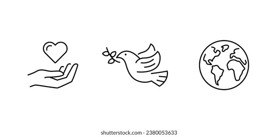 A set of icons on the theme of peace. Simple icons isolated on a white background. Icons that include: heart over hand, dove - symbol of peace, earth. Vector illustration.