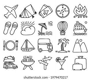 Conjunto de íconos sobre el tema de recreación, vacaciones, turismo, viajes en estilo doodle. Mano Cortada. Juego de iconos de viaje.