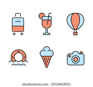 Conjunto de iconos en el tema de descanso, viaje, vacaciones, turismo, resort, mar, playa