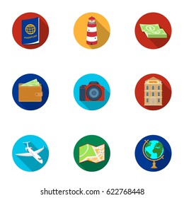 Set of icons on the theme of rest. Travel abroad. Rest ang travel icon in set collection on flat style vector symbol stock illustration.