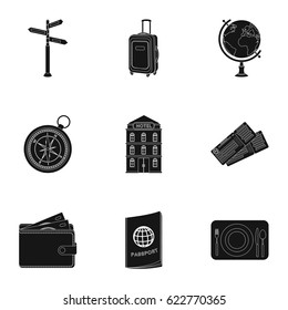 Set of icons on the theme of rest. Travel abroad. icon in set collection on black style vector symbol stock illustration.
