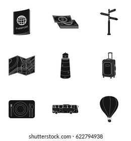 Set of icons on the theme of rest. Travel abroad. Rest ang travel icon in set collection on black style vector symbol stock illustration.