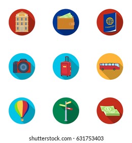 Set of icons on the theme of rest. Travel abroad. Rest ang travel icon in set collection on flat style vector symbol stock illustration.