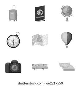 Set of icons on the theme of rest. Travel abroad. Rest ang travel icon in set collection on monochrome style vector symbol stock illustration.