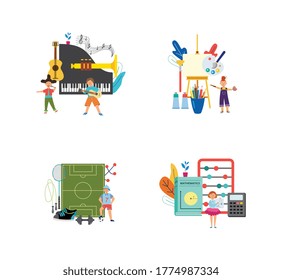 A set of icons on the theme of school subjects. School education - physical education, mathematics, music and art. Flat vector illustrations isolated on a white background.