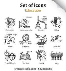 Set of icons on a theme school education. 12 academic subjects. Illustration Vector