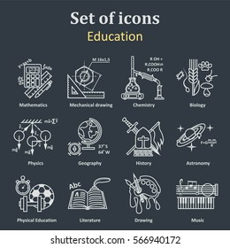 Set of icons on a theme school education. 12 academic subjects. Illustration Vector