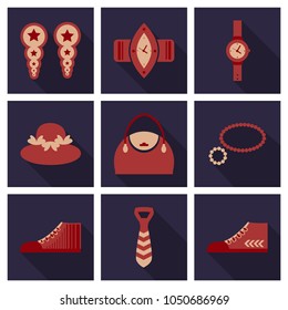 Set with icons on theme of shopping and clothes . Vector illustration.