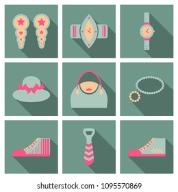 Set with icons on theme of shopping and clothes . Vector illustration.