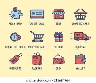 Set of icons on a theme shopping. Buying, selling, credit card, cash, purse, delivery, open around the clock.