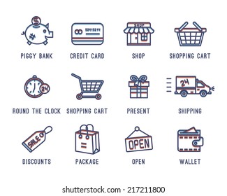 Set of icons on a theme shopping. Buying, selling, credit card, cash, purse, delivery, open around the clock.
