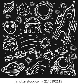 Set of icons on the theme of space. Cosmos vector. Doodle vector with cosmos icons on black background