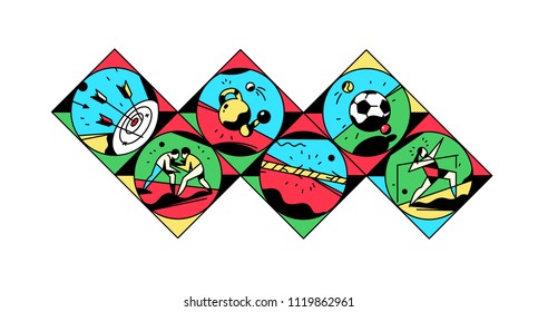 A set of icons on a theme of sports. Vector illustration. Vintage style, retro. Sport games. Square icons for the site, banner. Brand stickers, avatrack. Shooting, wrestling, jumping, gymnastics.