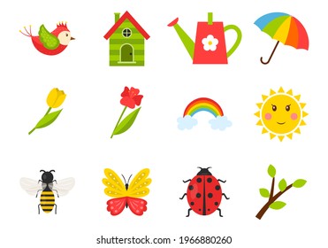 A set of icons on the theme of spring, summer. Insects, birds, tulips, weather, birdhouse.Color vector illustrations in cartoon style. Isolated on a white background