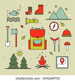 A set of icons on the theme of tourism. They are suitable for the design of a thematic site, patterns