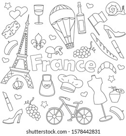 Set of icons on the theme of travel in the country of France, simple contour icons , dark outline on a light background