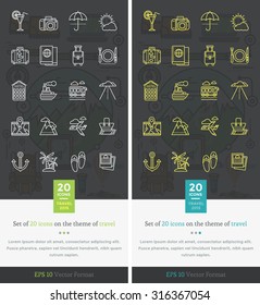 Set icons on theme of travel and vacation. Tourism and holiday, recreation and leisure, journey relaxation, tropical summer, sun and sea, cocktail palm, airplane and camera. Set of thin, lines icons