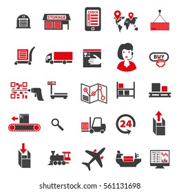 Set of icons on a theme of universal logistics, transport of goods and commodities. Stages of purchase to obtain a customer's goods. Vector simple design with two-tone solution.