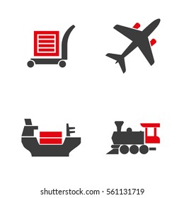 Set of icons on a theme of universal logistics, transport of goods and commodities. Stages of purchase to obtain a customer's goods. Vector simple design with two-tone solution.