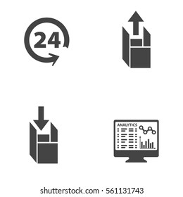 Set of icons on a theme of universal logistics, transport of goods and commodities. Stages of purchase to obtain a customer's goods. Vector simple designs.