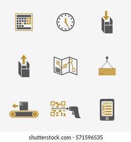 Set of icons on a theme of universal logistics, transport of goods and commodities. Stages of purchase to obtain a customer's goods. Vector simple designs.