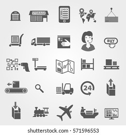 Set of icons on a theme of universal logistics, transport of goods and commodities. Stages of purchase to obtain a customer's goods. Vector simple designs.