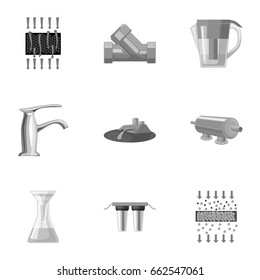 Set of icons on the theme of water. Water is the most important in the world. water filtration icon in set collection on monochrome style vector symbol stock illustration.