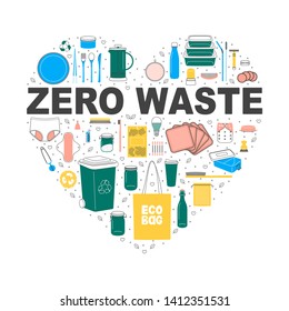 Set of icons on the theme of Zero Waste lifestyle with inscription "Zero Waste". Vector illustration with various reusable or recyclable items and text