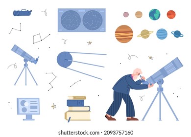 Set of icons on topic of astronomy and space exploring with character of astronomy scientist studying space, flat vector illustration isolated on white background.