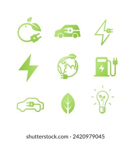 A set of icons on the topic of electric car charging. Green illustration. Environmentally friendly energy.