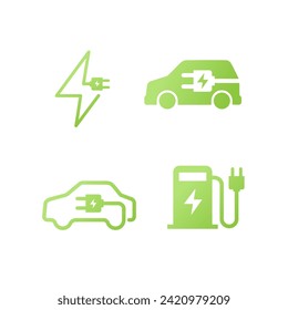 A set of icons on the topic of electric car charging. Green illustration. Environmentally friendly energy.