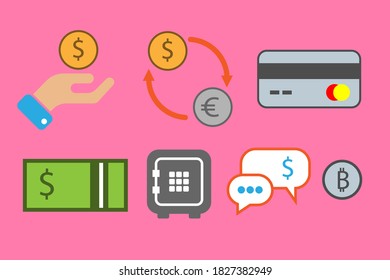 Conjunto de íconos sobre el tema de las finanzas, el dinero y la banca. Pictogramas coloridos sobre fondo rosado.
Imágenes vectoriales planas.