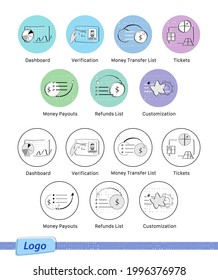 Set Of Icons On The Topic Of Finance And Payments. Modern Design And Colours. Custom Icons. Vector. Dashboard, Verification, Money Transfer List, Tickets, Money Payouts, Refunds List, Customization.