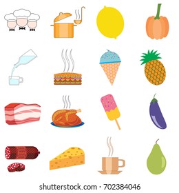 Set of icons on the topic of food, meat products, vegetables and fruits