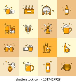 Set of icons on the topic of Kraft beer, its production and use in vector format. Beer pixel-perfect icons in the modern style isolated.