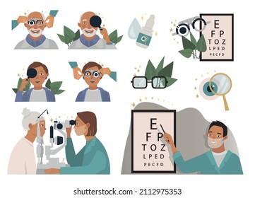 Conjunto de íconos sobre el tema de un oftalmólogo. Los pacientes en el consultorio del médico, examinarán la visión, las gotas medicinales, el lubrificante y el ojo. Vector, aislado de fondo blanco, caricatura.