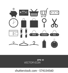Set icons on the topic of shopping in flat style isolated on white background. Set symbols for your design and logo. Vector illustration EPS 10.