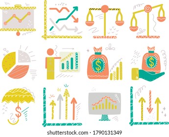 set of icons on the topic of stock exchange, investment, profit in a childish style for children.