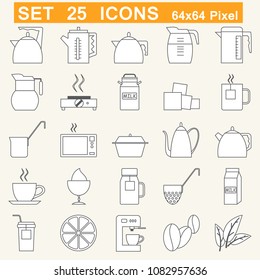 Set of icons on the topic of tea and coffee. Coffee and tea utensils. 64x64 Pixel Perfect