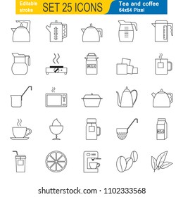Set of icons on the topic of tea and coffee. Coffee and tea utensils. 64x64 Pixel Perfect