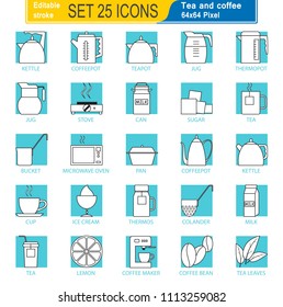 Set of icons on the topic of tea and coffee. Coffee and tea utensils. 64x64 Pixel Perfect