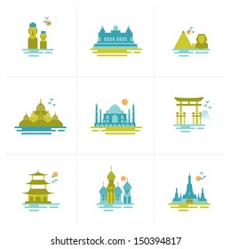 set of icons on the topic of travel. Group of famous international landmarks. 