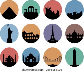 set of icons on the topic of travel and recreation. famous international landmarks.A collection of icons of famous places and monuments around the world. World landmarks decorative icons set 
