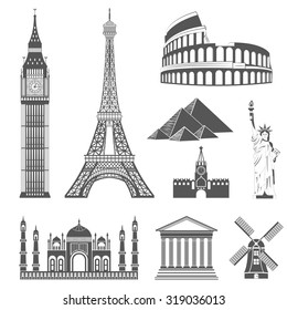 Set of icons on the topic of travel and recreation. Famous international landmarks