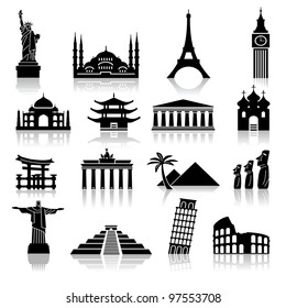 set of icons on the topic of travel and recreation. famous international landmarks.