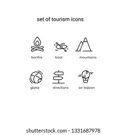 set of icons on a tourist theme, isolated vector on white background, silhouette